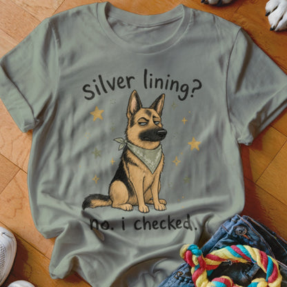 German Shepherd dog wearing bandana, text "silver lining? no. i checked."