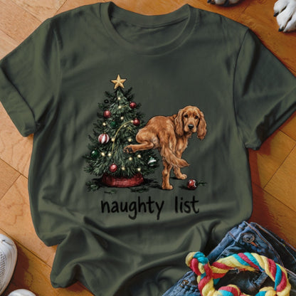 Brown dog next to a Christmas tree with text "naughty list".
