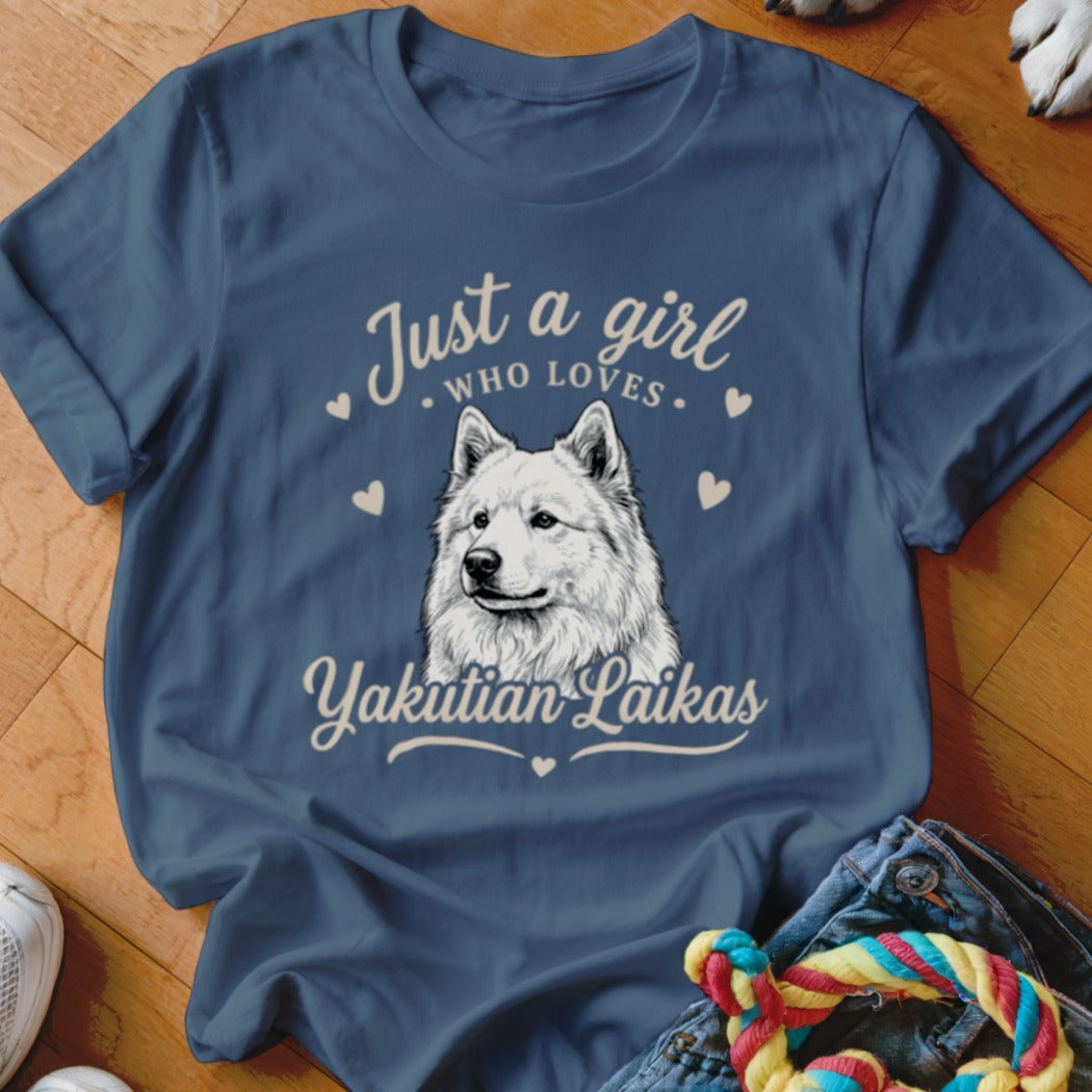 Blue t-shirt featuring a sketch of a Yakutian Laika dog and the text "Just a girl who loves Yakutian Laikas".