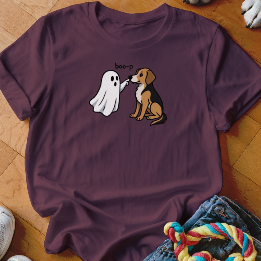 Ghost booping a dog with text "boo-p" on a maroon t-shirt.