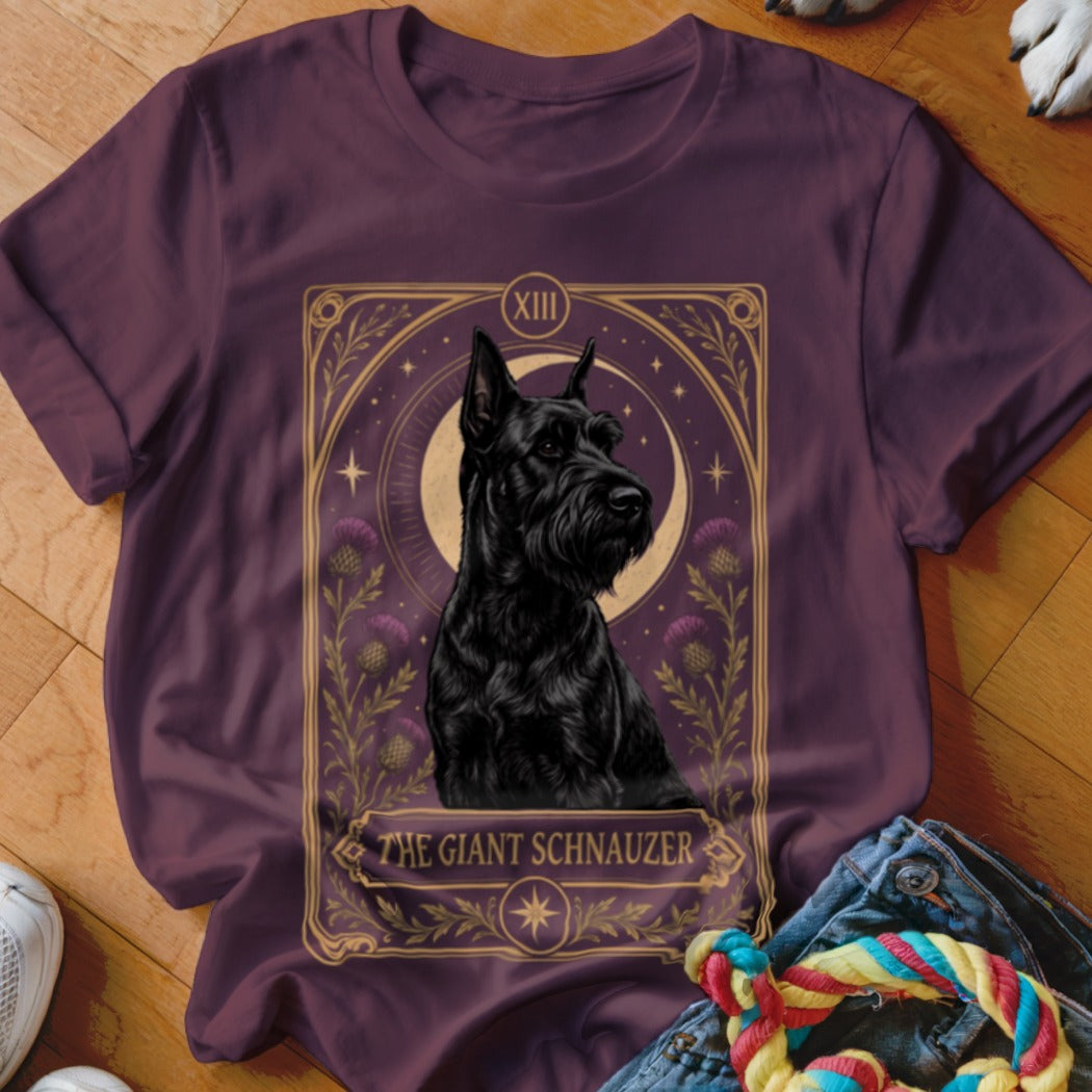 Maroon t-shirt featuring a tarot card style graphic with a black Giant Schnauzer.