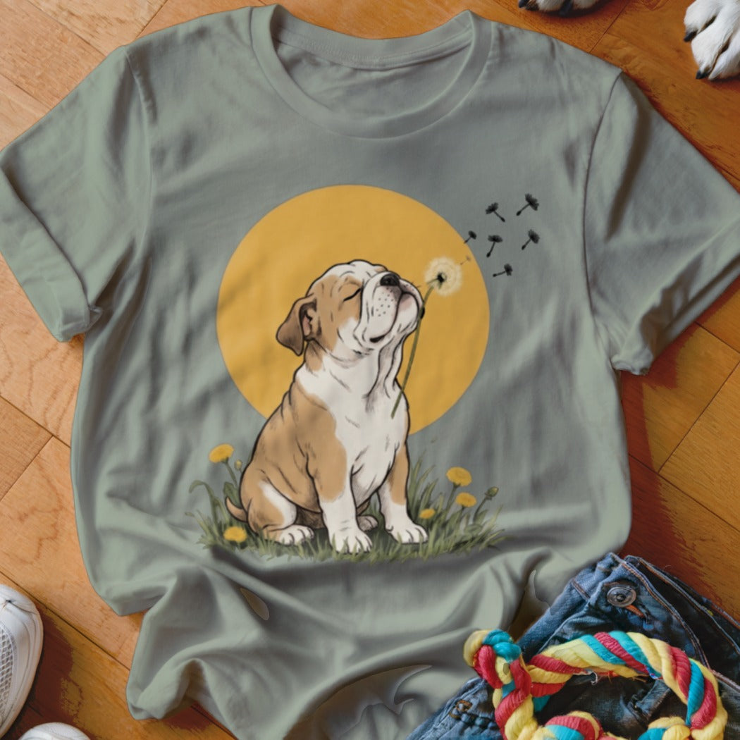 Sage green t-shirt featuring an illustration of a bulldog blowing dandelion seeds against a yellow sun.