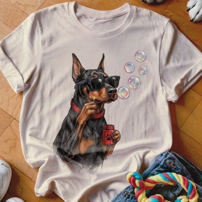 A light-colored t-shirt with a graphic of a Doberman wearing sunglasses and blowing bubbles.