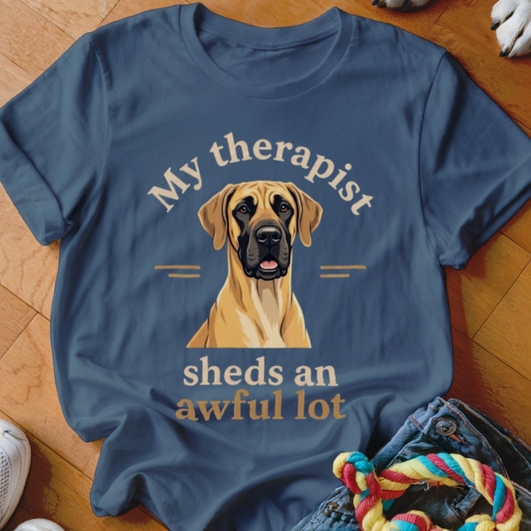 Blue t-shirt with Great Dane graphic and text "My therapist sheds an awful lot".