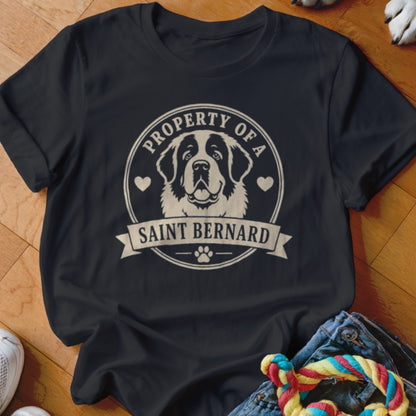 Black t-shirt with a Saint Bernard graphic and text "PROPERTY OF A SAINT BERNARD".