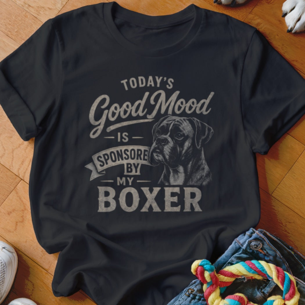 Black t-shirt with "Today's Good Mood is Sponsored by My Boxer" text and boxer dog graphic.