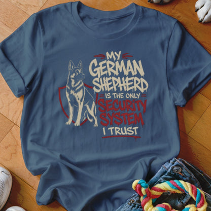 Blue t-shirt with a German Shepherd graphic and text "My German Shepherd is the only Security System I Trust".