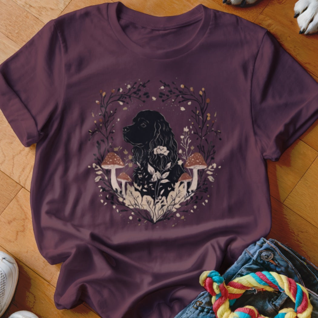 Plum crewneck t-shirt featuring a graphic of a black cocker spaniel surrounded by mushrooms and foliage.