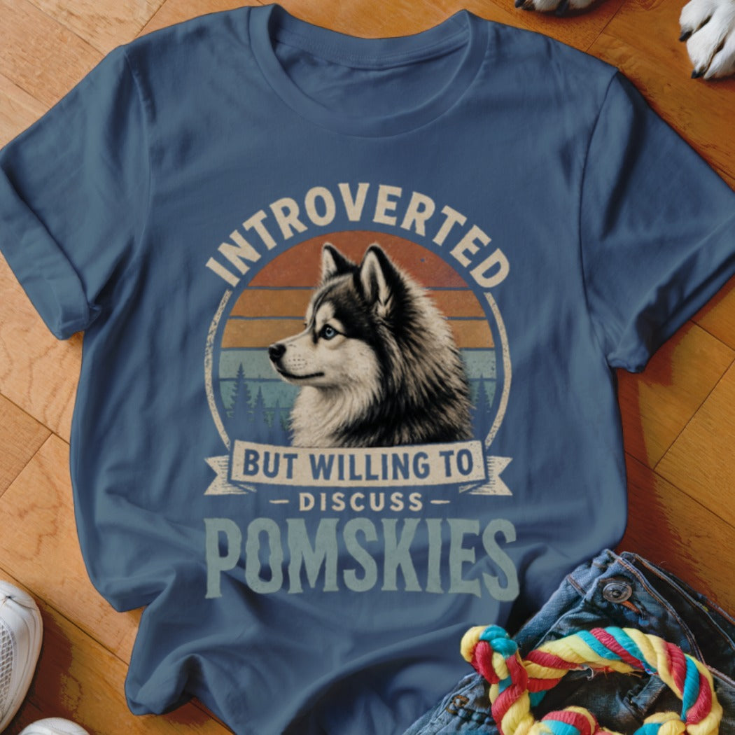 Blue t-shirt with "Introverted but Willing to Discuss Pomskies" and husky graphic.