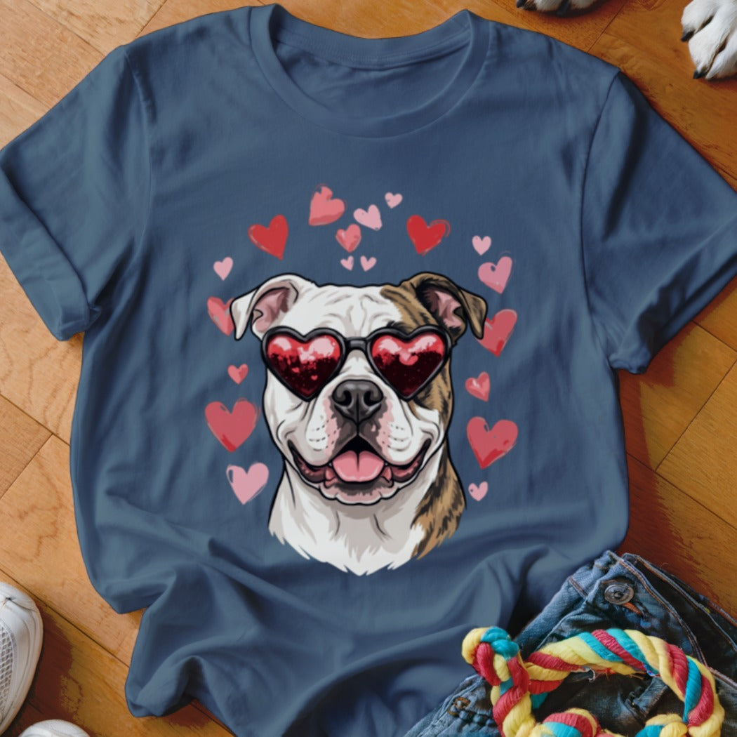 Blue crewneck t-shirt featuring a graphic of a bulldog wearing heart-shaped sunglasses, surrounded by pink hearts.