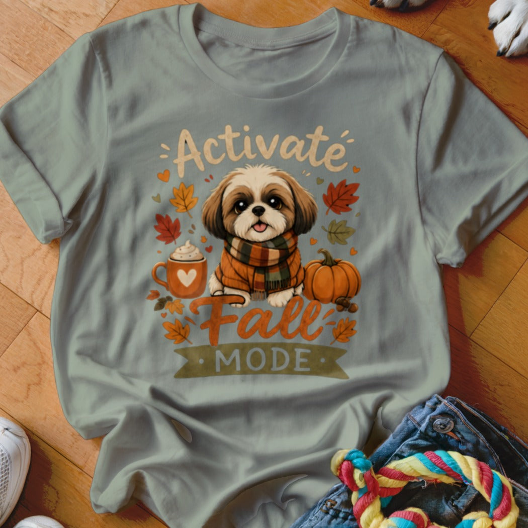 Shih Tzu dog with scarf, pumpkin, and fall leaves, "Activate Fall Mode" text.