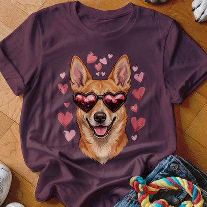 Maroon crewneck t-shirt featuring a graphic of a smiling dog wearing heart-shaped sunglasses surrounded by pink hearts.
