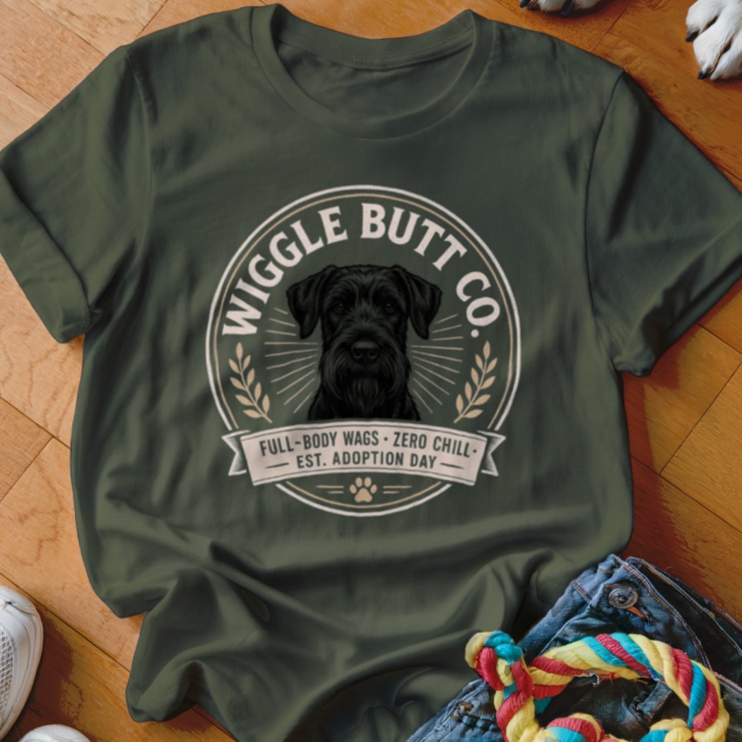 Green t-shirt with a black schnauzer and text "WIGGLE BUTT CO."