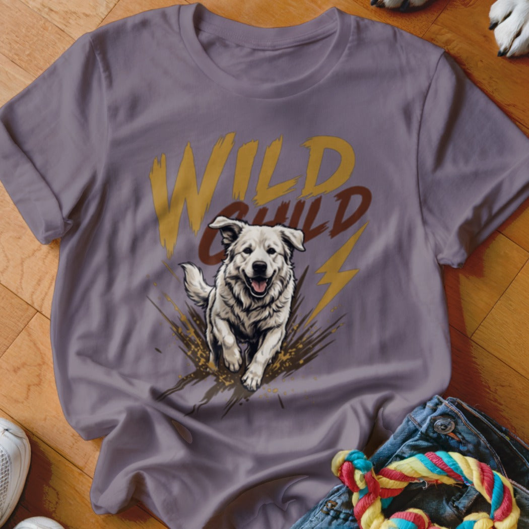 Grey crewneck t-shirt featuring a graphic of a running white dog and the text Wild Child.