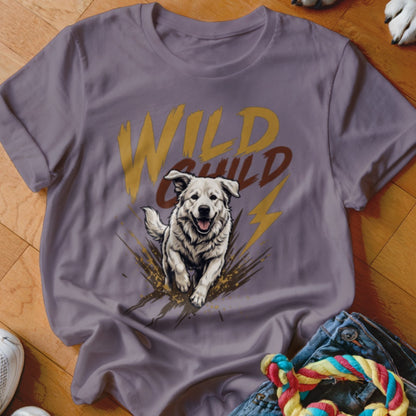 Grey crewneck t-shirt featuring a graphic of a running white dog and the text Wild Child.