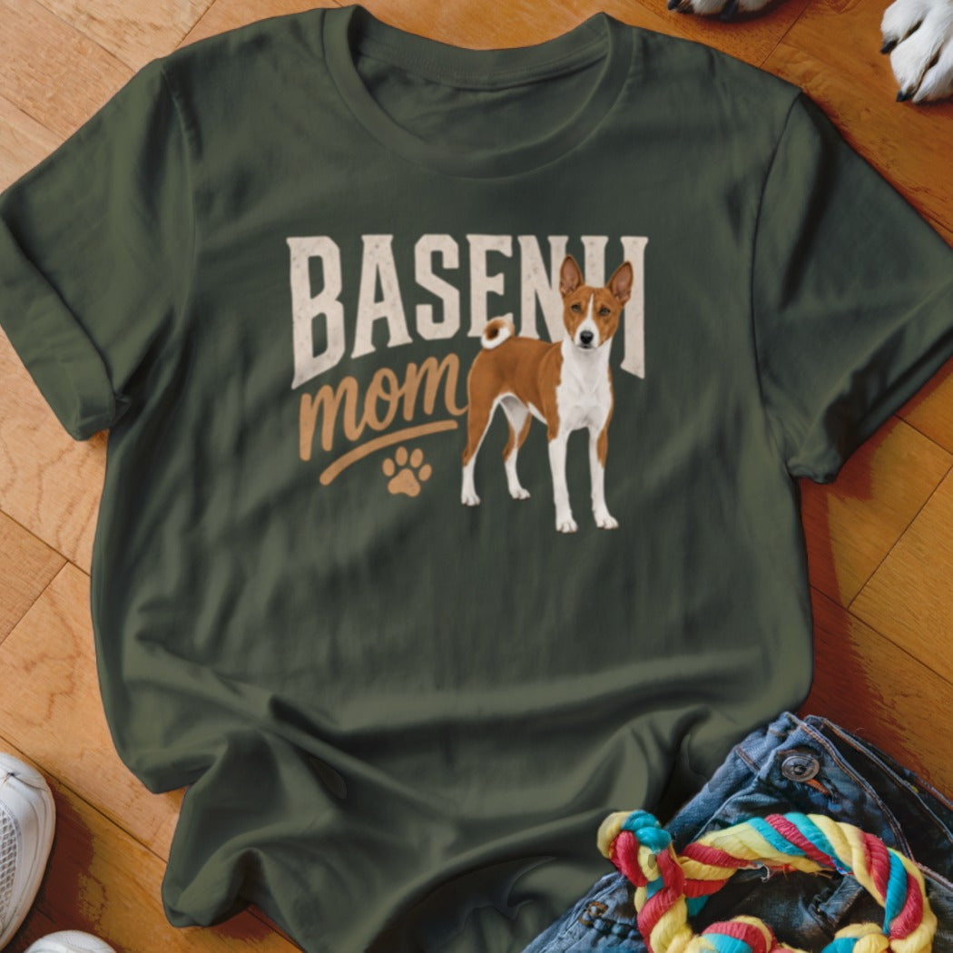 Basenji mom graphic on a dark green t-shirt with a Basenji dog illustration.