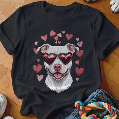 Black t-shirt featuring a graphic of a white dog wearing heart-shaped sunglasses surrounded by pink hearts.