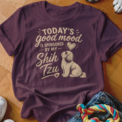 Maroon t-shirt with "Today's Good Mood is Sponsored By My Shih Tzu" text and a dog illustration.
