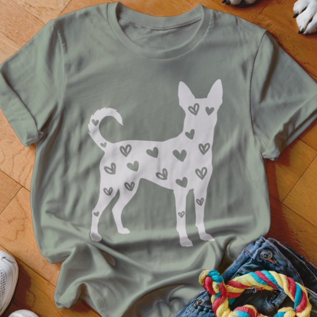Light green t-shirt with white dog silhouette covered in small hearts.
