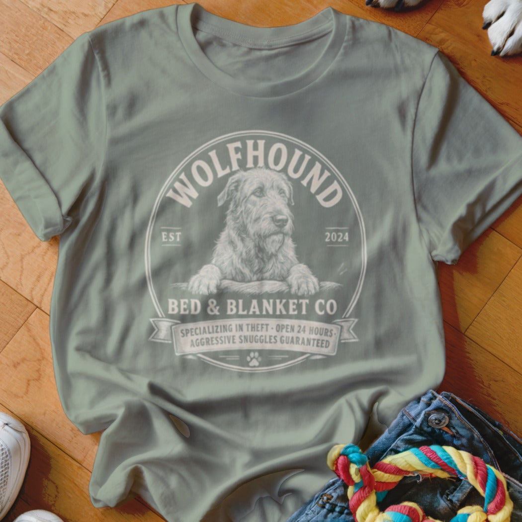 Green t-shirt with a Wolfhound Bed & Blanket Co. logo featuring a dog.