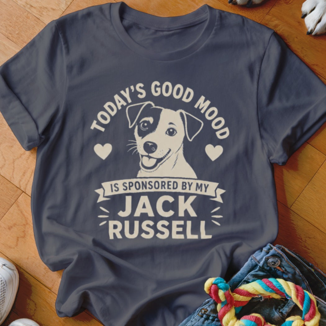 Dark grey t-shirt with "Today's Good Mood Is Sponsored By My Jack Russell" text and dog graphic.