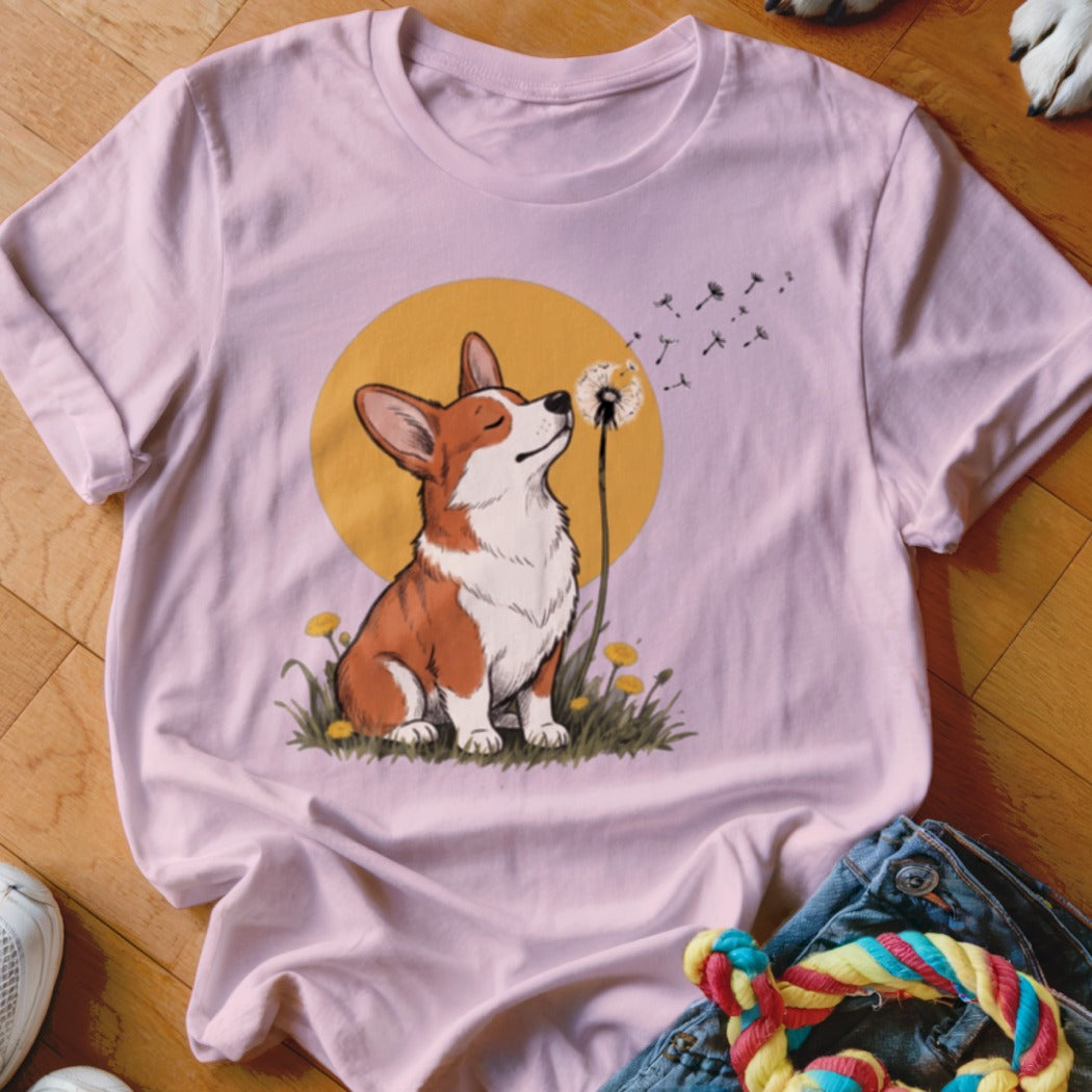 Light pink t-shirt featuring an illustration of a corgi blowing dandelion seeds against a yellow circle background.