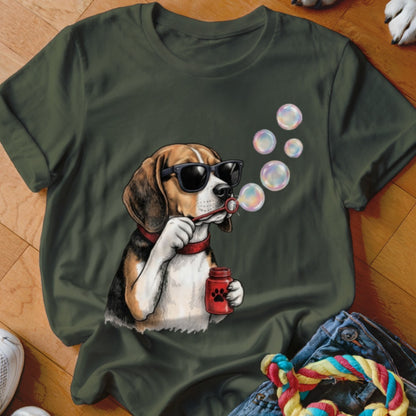 Olive green t-shirt featuring a beagle wearing sunglasses and blowing bubbles.