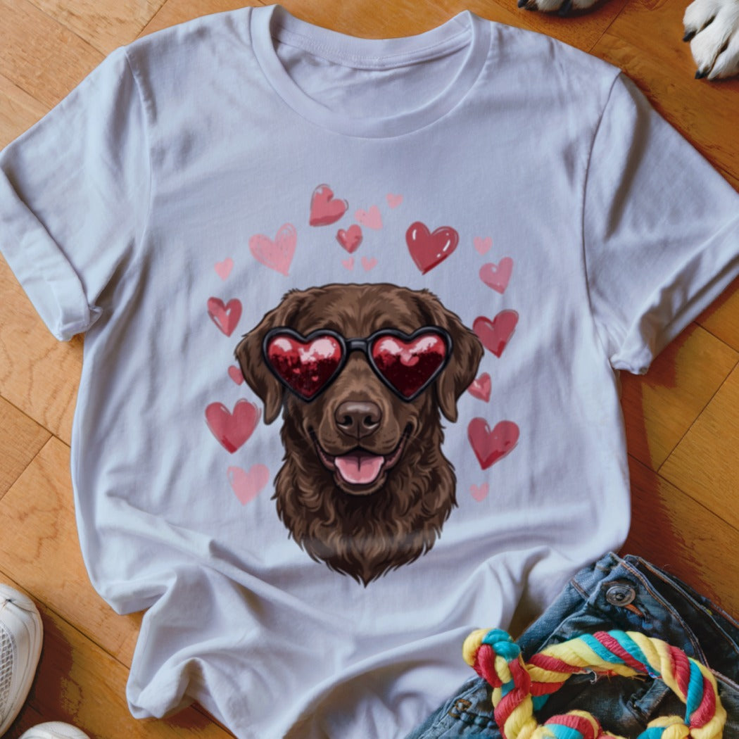 White t-shirt featuring a graphic of a brown dog wearing heart-shaped sunglasses surrounded by pink hearts.