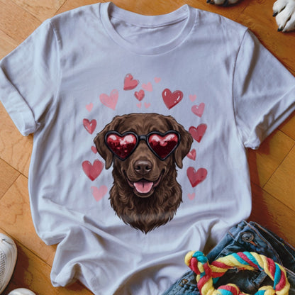 White t-shirt featuring a graphic of a brown dog wearing heart-shaped sunglasses surrounded by pink hearts.