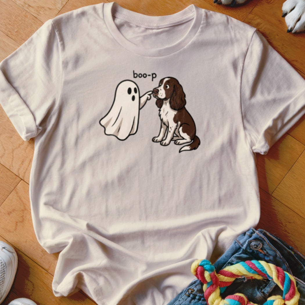White t-shirt graphic of a ghost booping a brown and white dog, with text "boo-p".