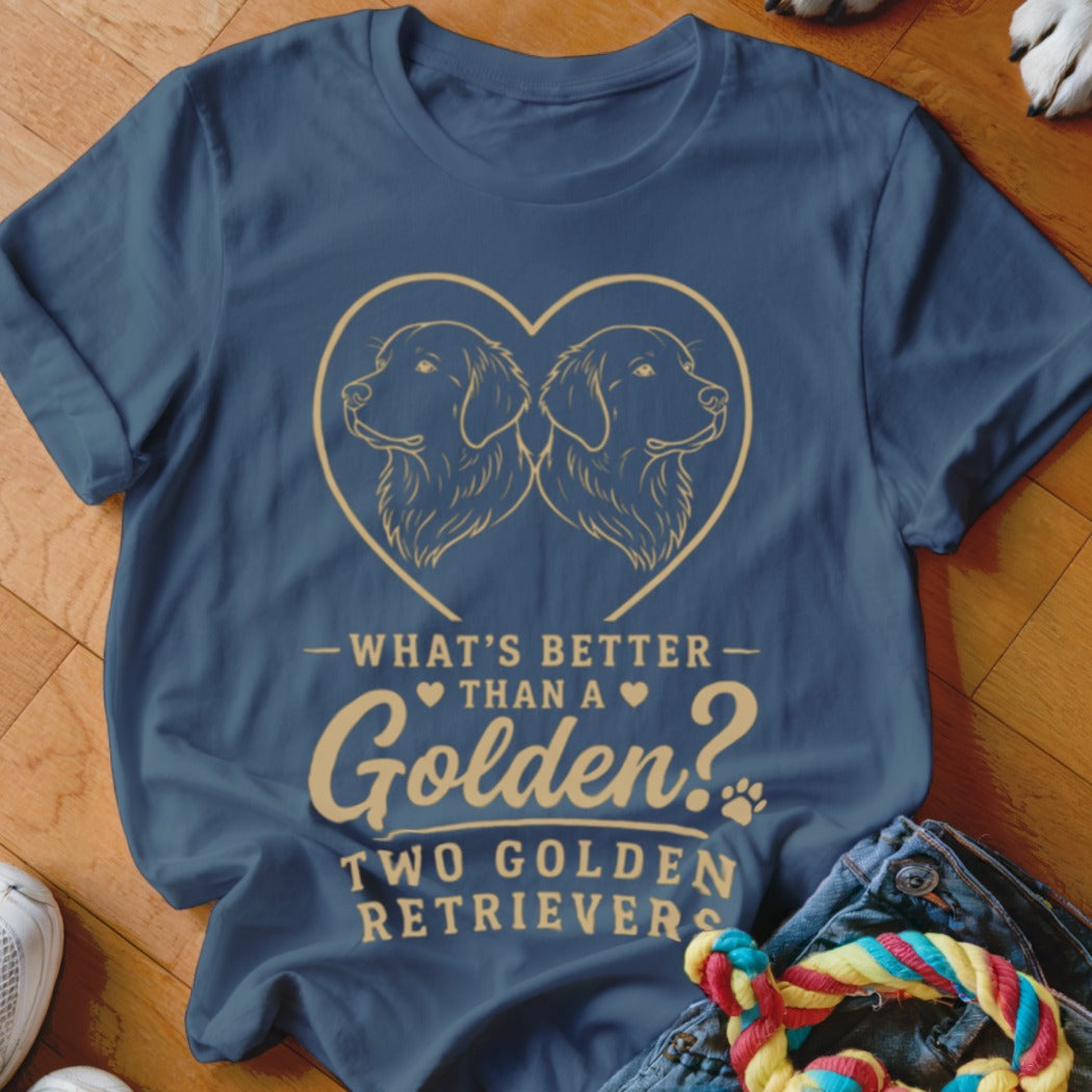 Blue t-shirt with two golden retrievers in a heart, text reads "Two Golden Retrievers".
