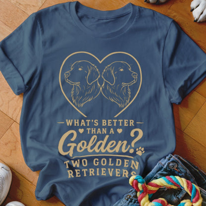 Blue t-shirt with two golden retrievers in a heart, text reads "Two Golden Retrievers".