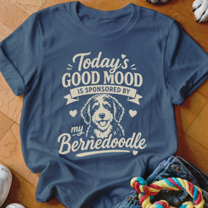 Navy t-shirt with "Today's Good Mood Is Sponsored By My Bernedoodle" text and dog graphic.
