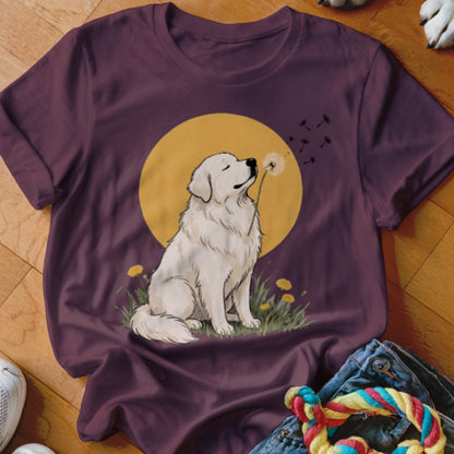 Plum t-shirt featuring a graphic of a white dog blowing dandelion seeds against a yellow circle background.