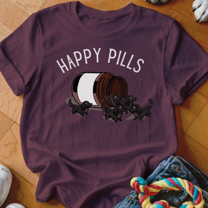 T-shirt with "HAPPY PILLS" text and cartoon dachshunds spilling from a bottle.