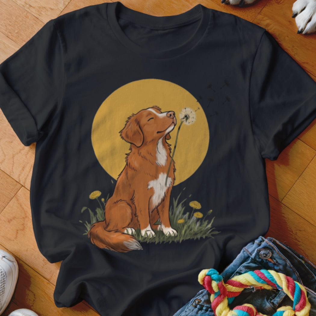 Black t-shirt featuring a graphic of a brown dog sitting in grass and blowing dandelion seeds.