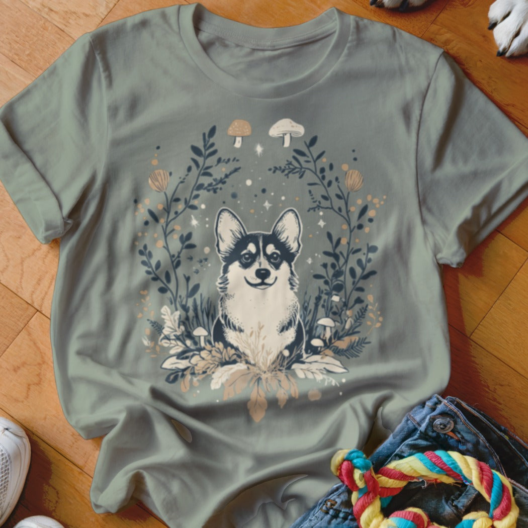 Corgi surrounded by whimsical plants and mushrooms, printed on a light sage t-shirt.