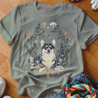 Corgi surrounded by whimsical plants and mushrooms, printed on a light sage t-shirt.