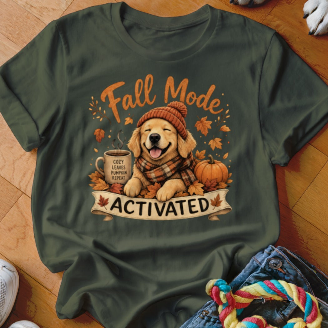 Golden retriever in fall beanie and scarf with "Fall Mode Activated" text.