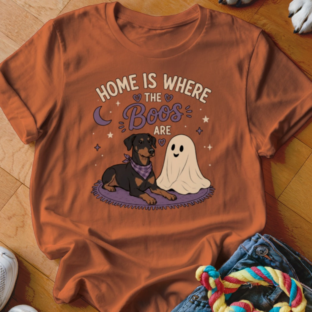 Orange t-shirt with "Home is where the Boos are" text and a dog next to a ghost.