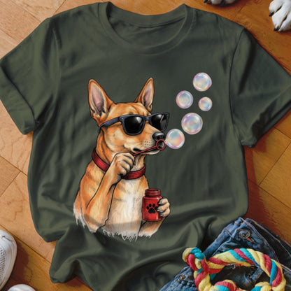 Dark green t-shirt featuring a graphic of a dog wearing sunglasses and blowing bubbles.
