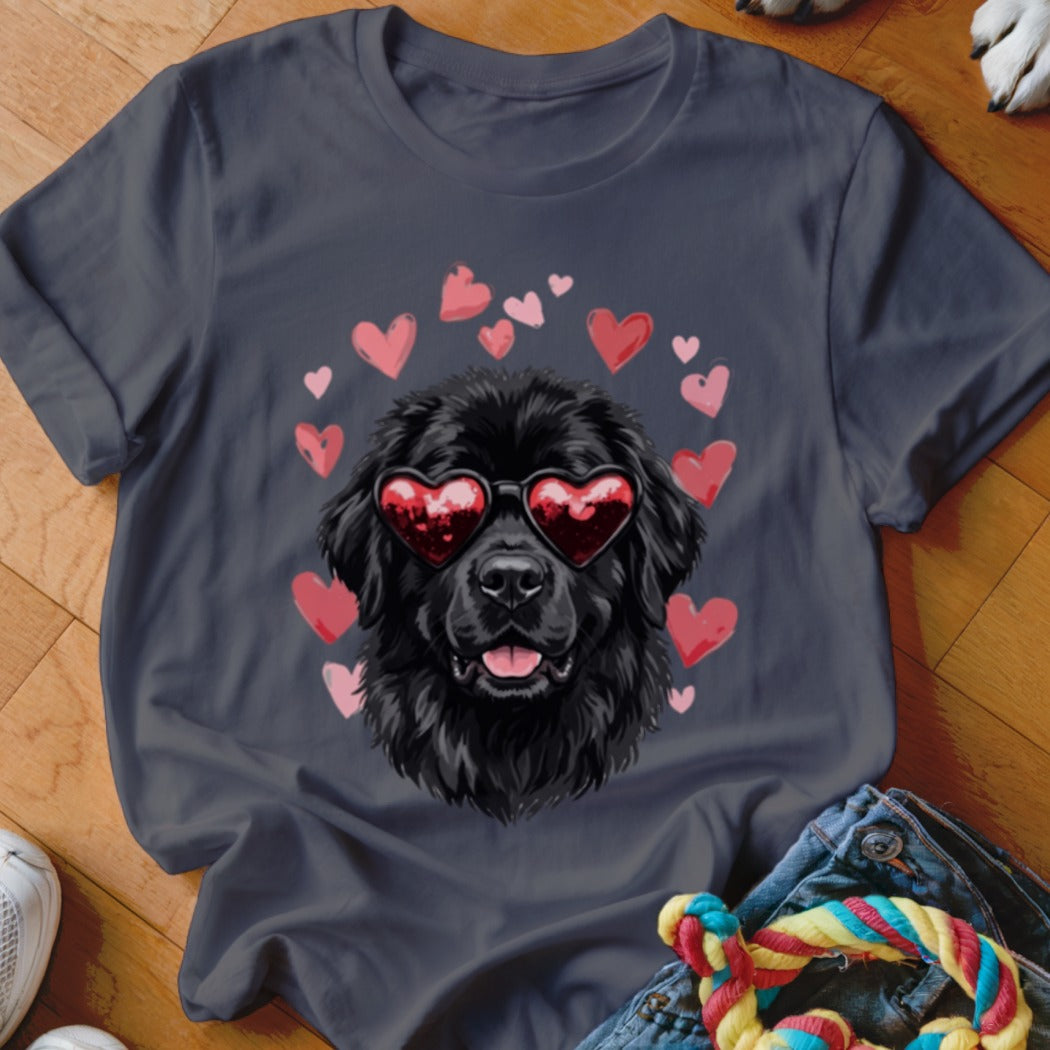 A dark gray t-shirt featuring a graphic of a black dog wearing heart-shaped sunglasses, surrounded by pink hearts.