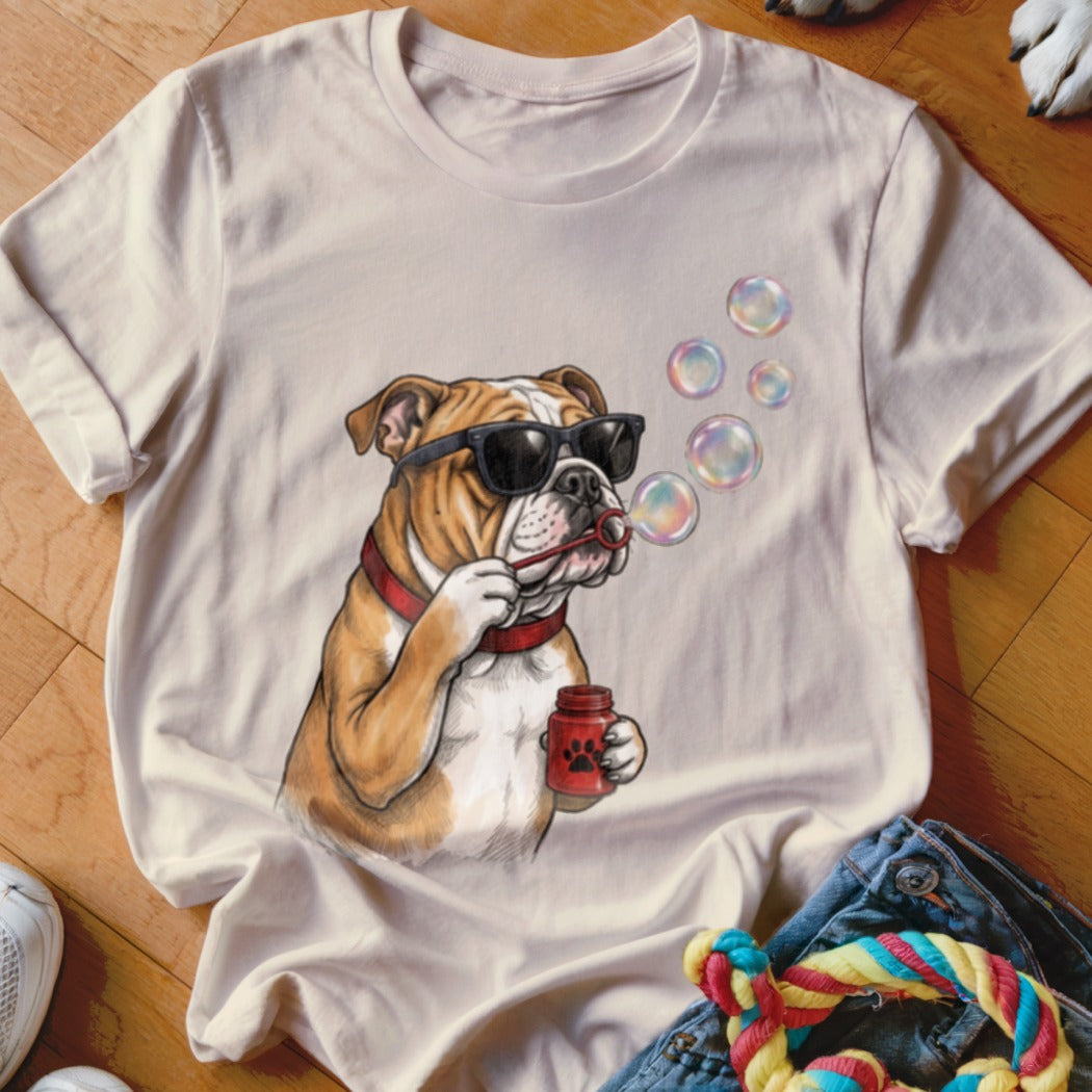 A light-colored t-shirt featuring a cartoon illustration of a bulldog wearing sunglasses and blowing bubbles.