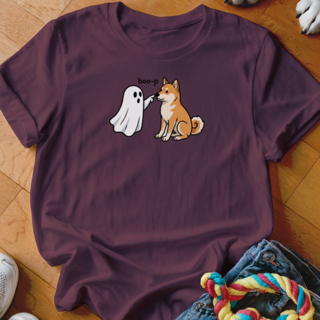 Ghost booping a Shiba Inu with "boo-p" text on a maroon t-shirt.