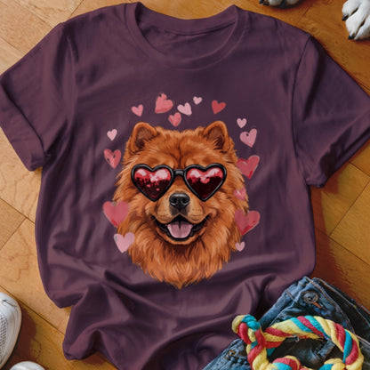 A dark purple t-shirt features a graphic of a fluffy brown dog wearing heart-shaped sunglasses, surrounded by pink hearts.