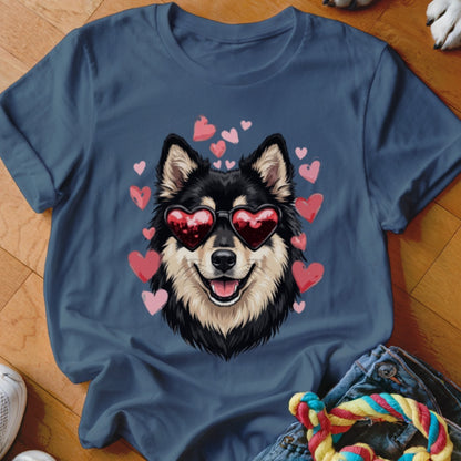 Dark blue t-shirt featuring a graphic of a black and tan dog wearing heart-shaped sunglasses surrounded by pink hearts.