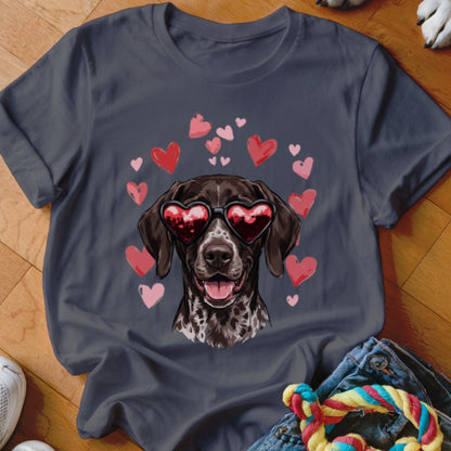 Dark gray t-shirt featuring a graphic of a pointer wearing heart-shaped sunglasses surrounded by pink and red hearts.
