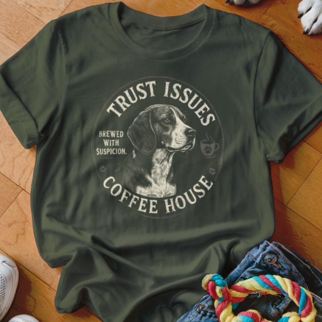 Olive green t-shirt with a dog portrait and text "Trust Issues Coffee House".