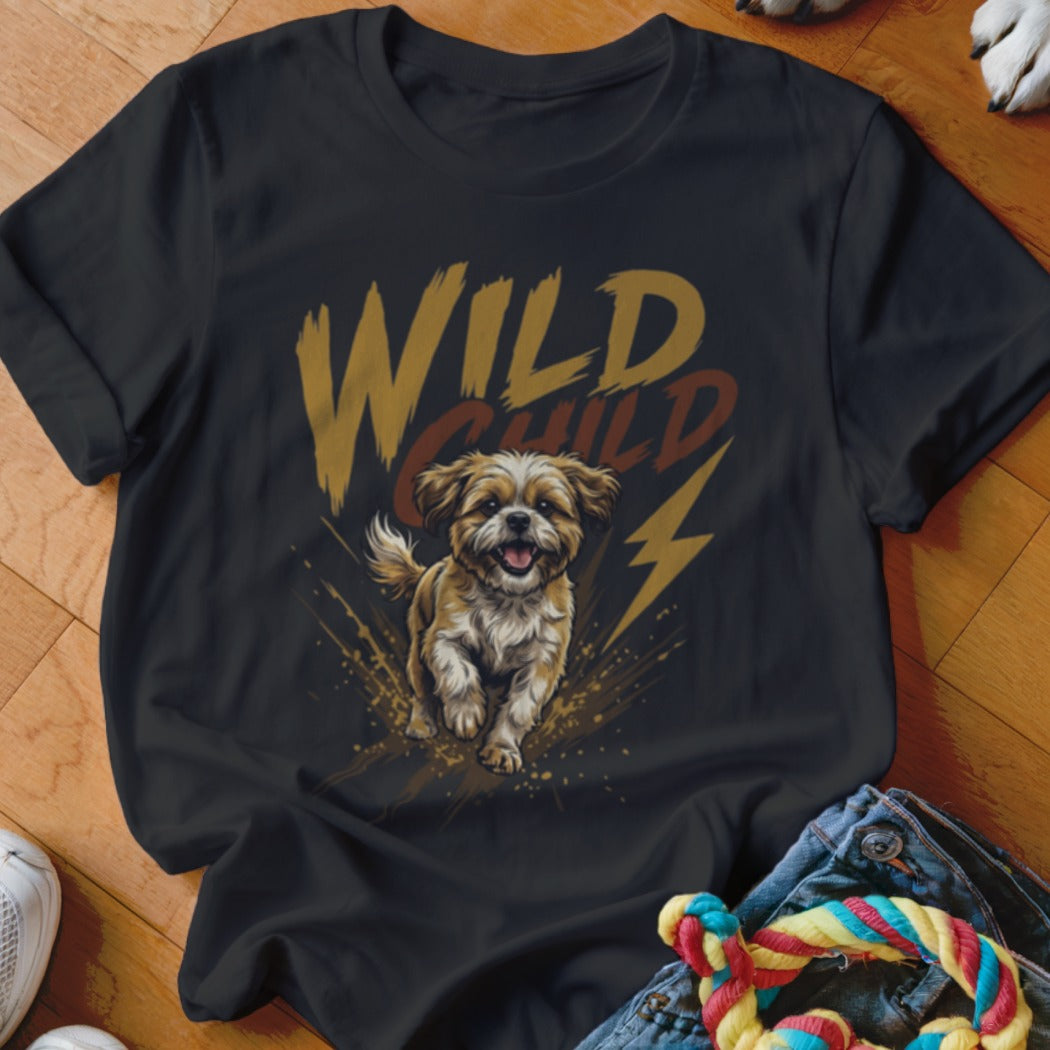 Black t-shirt featuring a graphic of a running puppy and the text WILD CHILD.