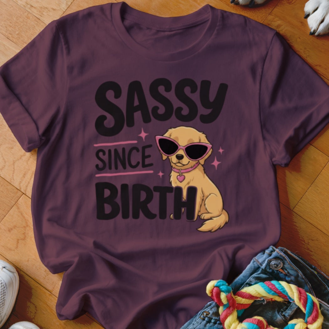 Maroon t-shirt with cartoon golden retriever wearing sunglasses and "Sassy Since Birth" text.